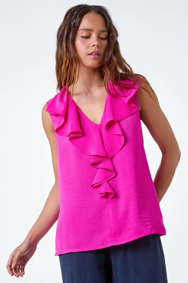 Pink Petite Frill Front Vest Top Women Roman Tops