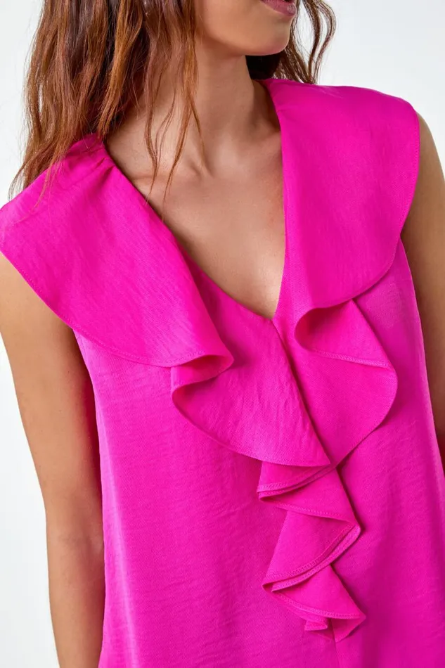 Pink Petite Frill Front Vest Top Women Roman Tops