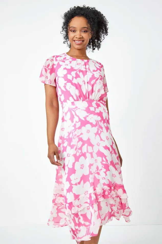 Pink Petite Frill Hem Floral Midi Dress Women Roman Dresses