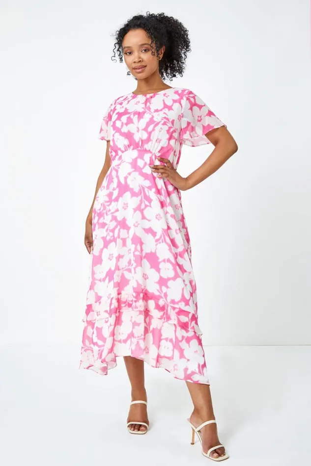 Pink Petite Frill Hem Floral Midi Dress Women Roman Dresses