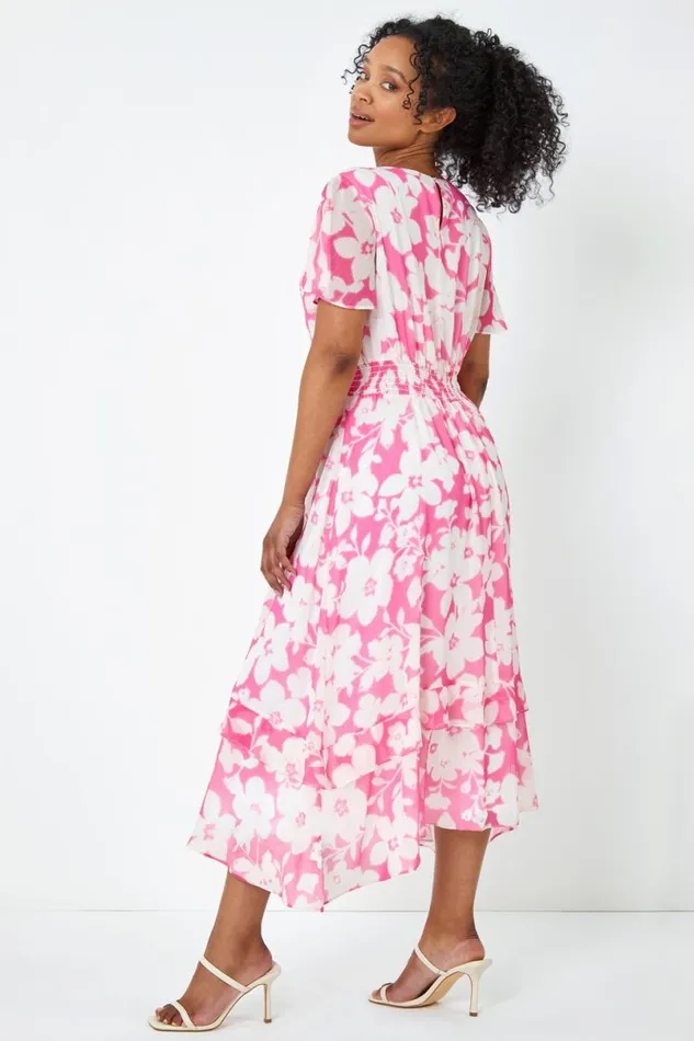 Pink Petite Frill Hem Floral Midi Dress Women Roman Dresses