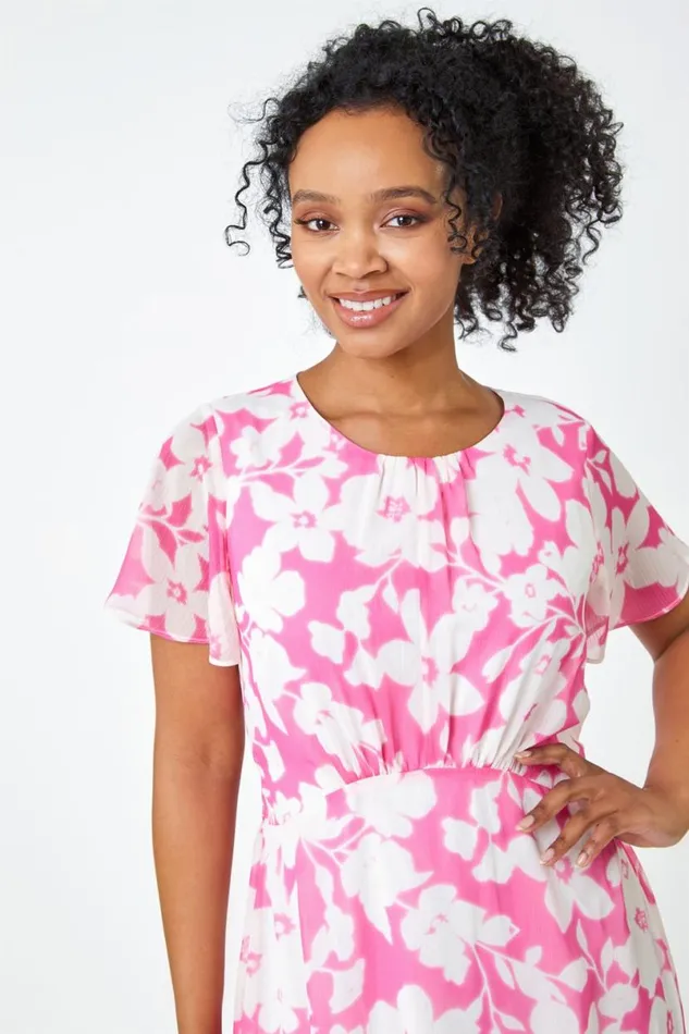 Pink Petite Frill Hem Floral Midi Dress Women Roman Dresses