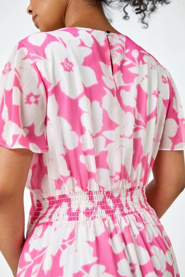 Pink Petite Frill Hem Floral Midi Dress Women Roman Dresses
