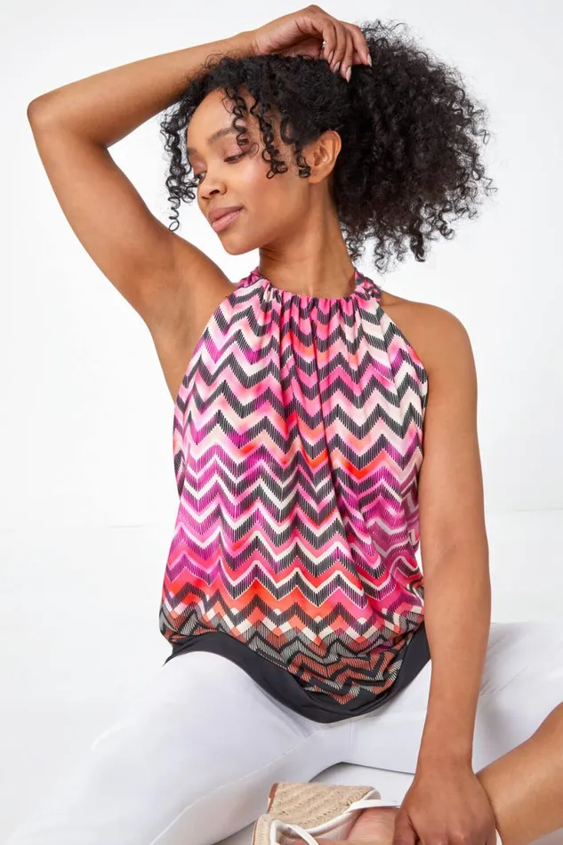 Pink Petite Zig Zag Print Halterneck Top Women Roman Tops