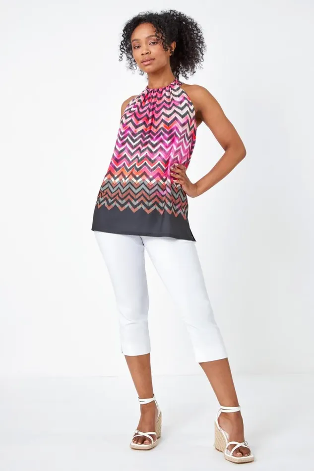 Pink Petite Zig Zag Print Halterneck Top Women Roman Tops