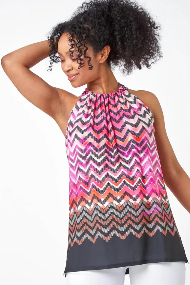 Pink Petite Zig Zag Print Halterneck Top Women Roman Tops