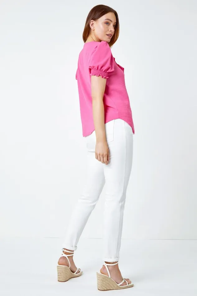 Pink Ruffle Front Tie Detail Blouse Women Roman Tops