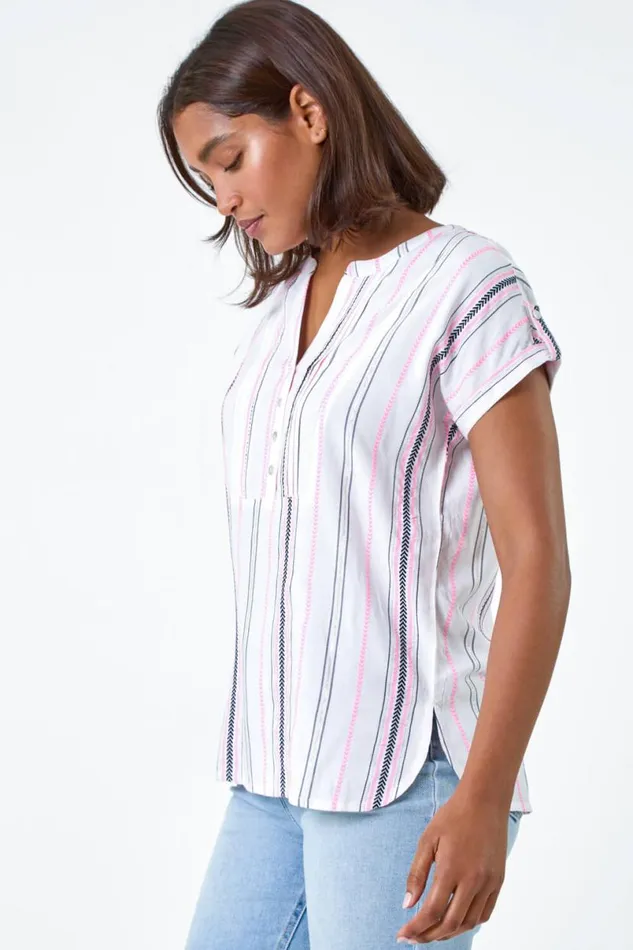 Pink Stripe Print Button Detail VNeck Top Women Roman Tops