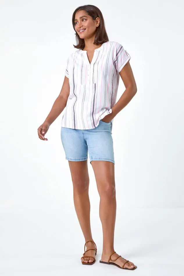 Pink Stripe Print Button Detail VNeck Top Women Roman Tops