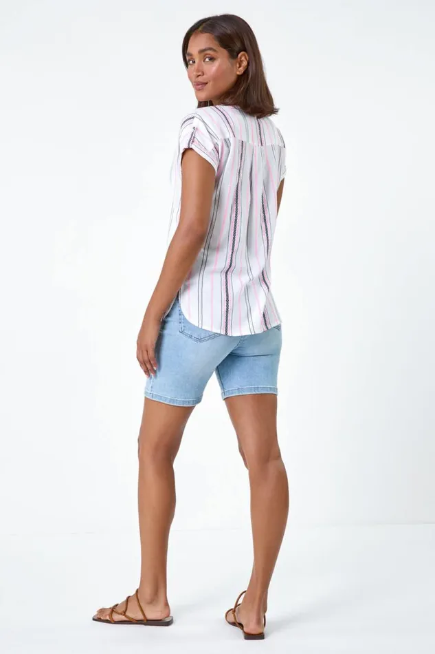 Pink Stripe Print Button Detail VNeck Top Women Roman Tops