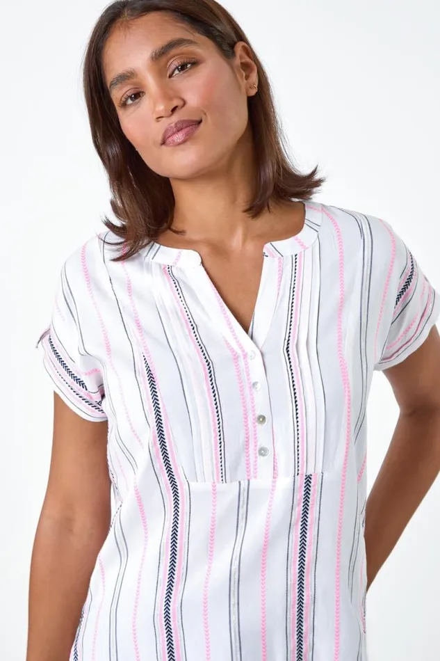 Pink Stripe Print Button Detail VNeck Top Women Roman Tops