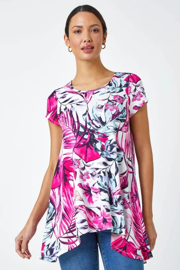 Pink Tropical Leaf Stretch Hanky Hem Top Women Roman Tops