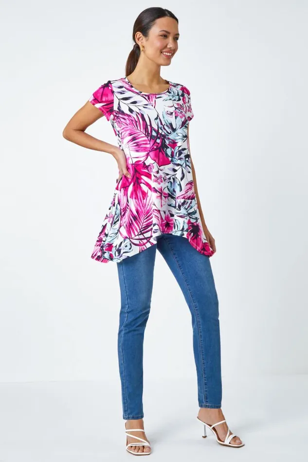 Pink Tropical Leaf Stretch Hanky Hem Top Women Roman Tops