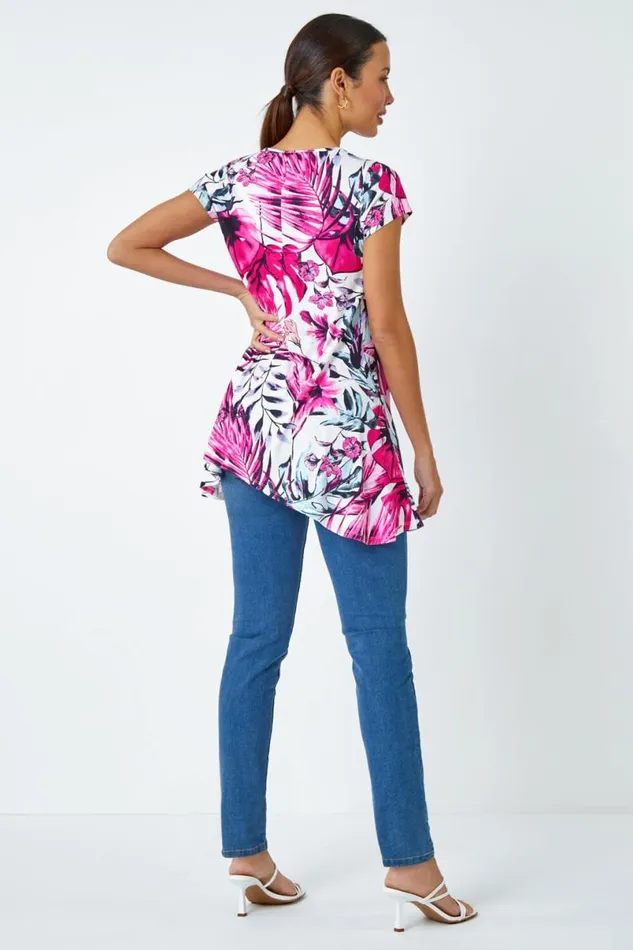 Pink Tropical Leaf Stretch Hanky Hem Top Women Roman Tops