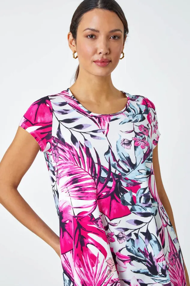 Pink Tropical Leaf Stretch Hanky Hem Top Women Roman Tops