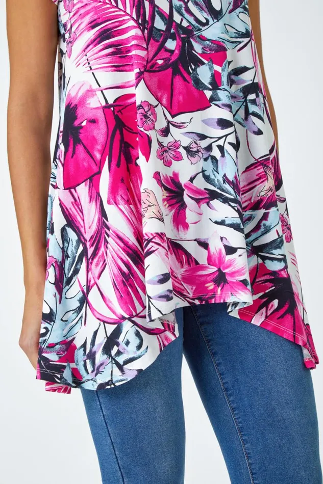 Pink Tropical Leaf Stretch Hanky Hem Top Women Roman Tops