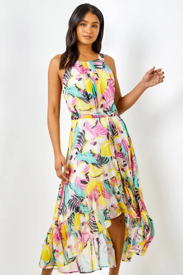 Pink Tropical Print Halter Neck Chiffon Dress Women Roman Dresses