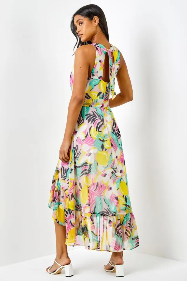 Pink Tropical Print Halter Neck Chiffon Dress Women Roman Dresses