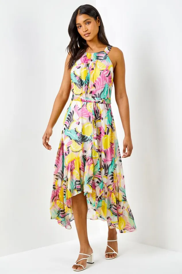 Pink Tropical Print Halter Neck Chiffon Dress Women Roman Dresses