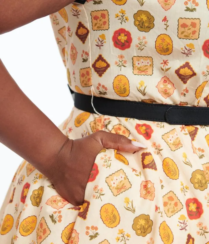 Plus Size 1950s Cream Market Print Alexis Swing Dress DressesPlus Unique Vintage Pocket Dresses