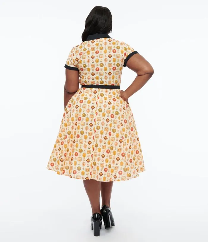 Plus Size 1950s Cream Market Print Alexis Swing Dress DressesPlus Unique Vintage Pocket Dresses