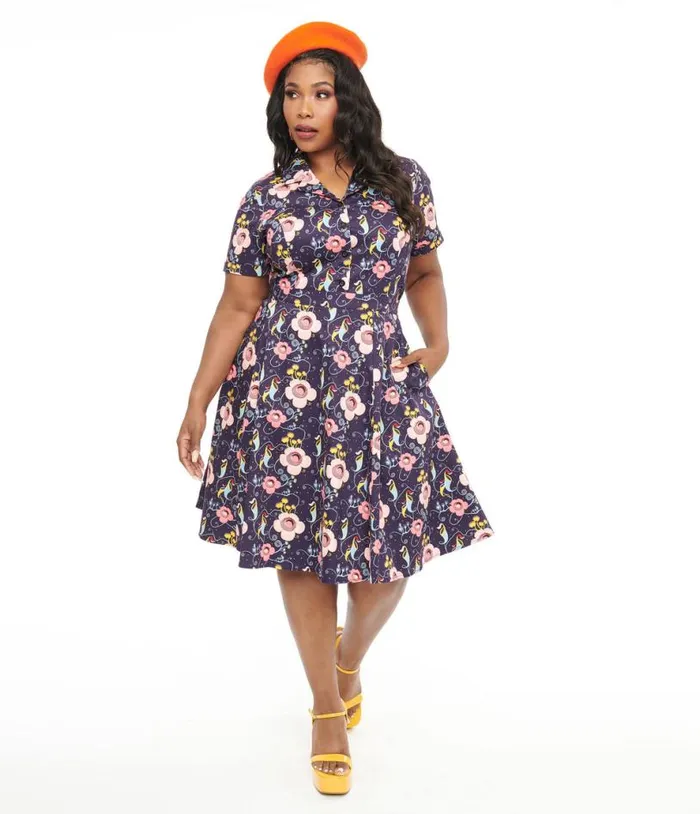 Plus Size 1950s Dark Blue Carnivorous Plants Print Flare Skirt ClothingHalloweenPlus Unique Vintage Skirts