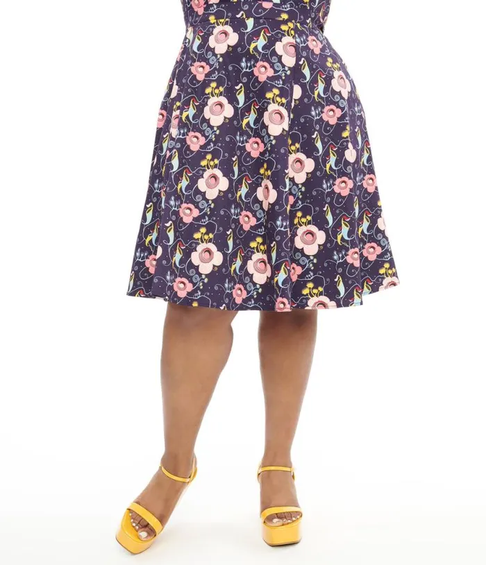 Plus Size 1950s Dark Blue Carnivorous Plants Print Flare Skirt ClothingHalloweenPlus Unique Vintage Skirts