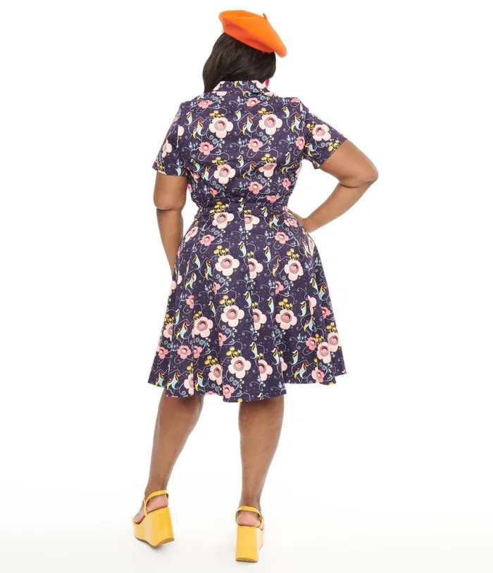 Plus Size 1950s Dark Blue Carnivorous Plants Print Flare Skirt ClothingHalloweenPlus Unique Vintage Skirts