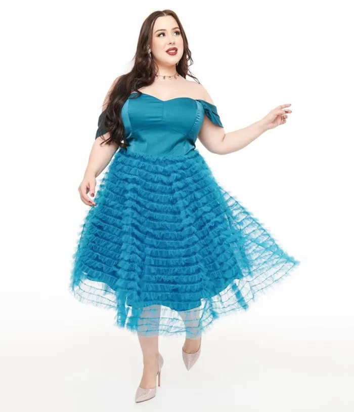 Plus Size 1950s Teal Mesh Tulle Off The Shoulder Swing Dress DressesPlus Unique Vintage Swing