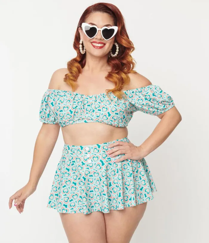 Plus Size 1950s Turquoise Retro Hearts Swim Skirt Plus Unique Vintage Two Piece Swim Plus Size 1950s Turquoise Retro Hearts Swim Skirt Plus Unique Vintage Two Piece Swim
