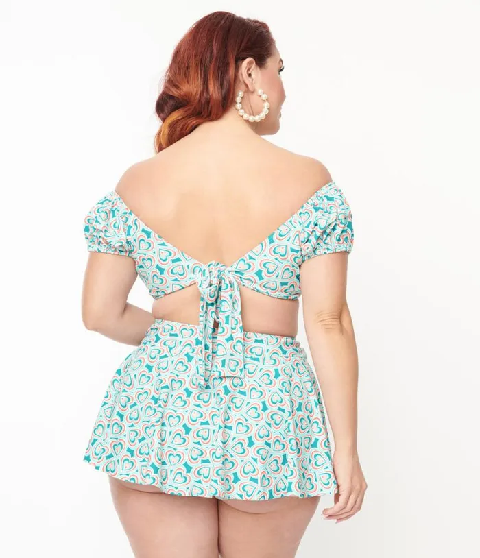 Plus Size 1950s Turquoise Retro Hearts Swim Skirt Plus Unique Vintage Two Piece Swim