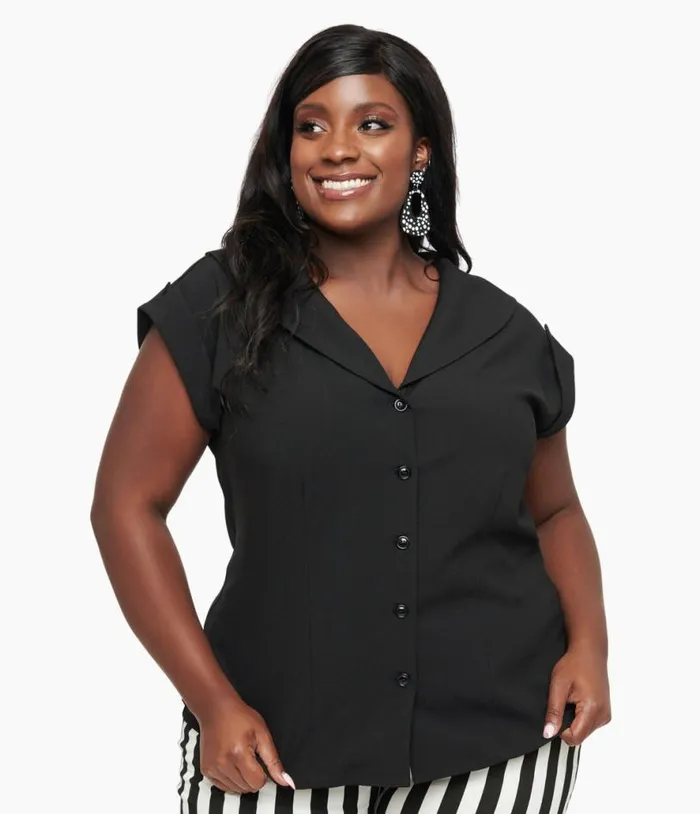 Plus Size 1960s Black Twill Sleeveless Blouse ClothingPlus Unique Vintage Blouses