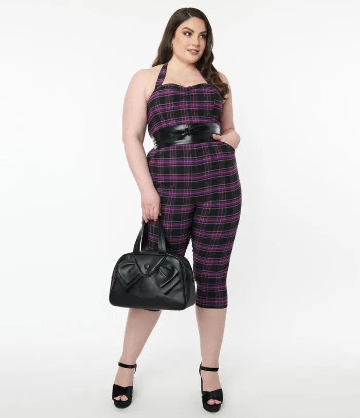 Plus Size 1970s Purple and Black Plaid Marcel Jumpsuit DressesClothingPlus Unique Vintage Pocket Dresses Plus Size 1970s Purple and Black Plaid Marcel Jumpsuit DressesClothingPlus Unique Vintage Pocket Dresses