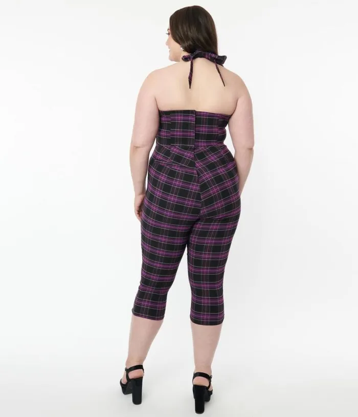 Plus Size 1970s Purple and Black Plaid Marcel Jumpsuit DressesClothingPlus Unique Vintage Pocket Dresses