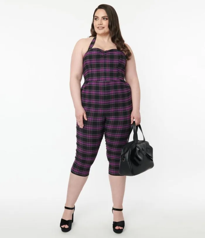 Plus Size 1970s Purple and Black Plaid Marcel Jumpsuit DressesClothingPlus Unique Vintage Pocket Dresses