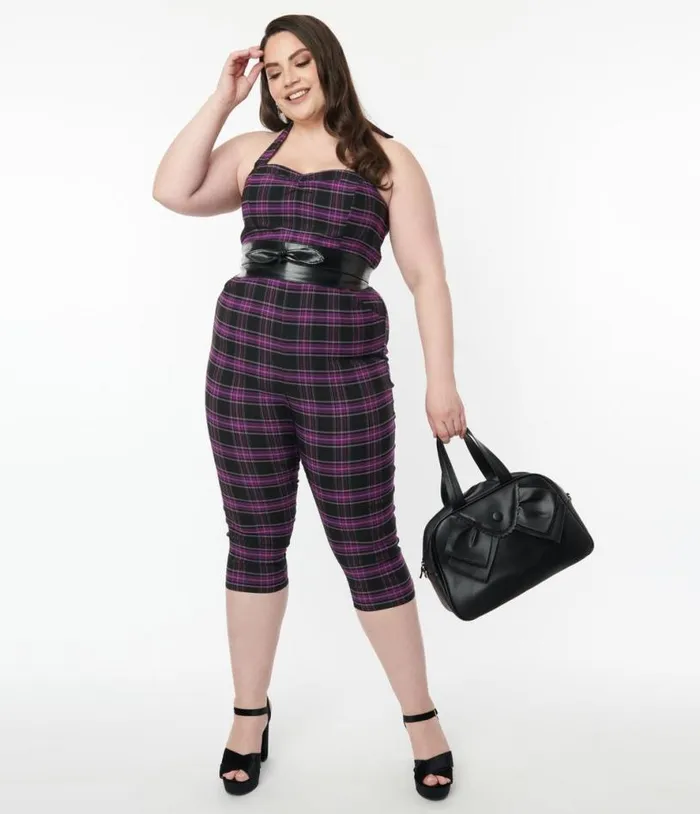Plus Size 1970s Purple and Black Plaid Marcel Jumpsuit DressesClothingPlus Unique Vintage Pocket Dresses