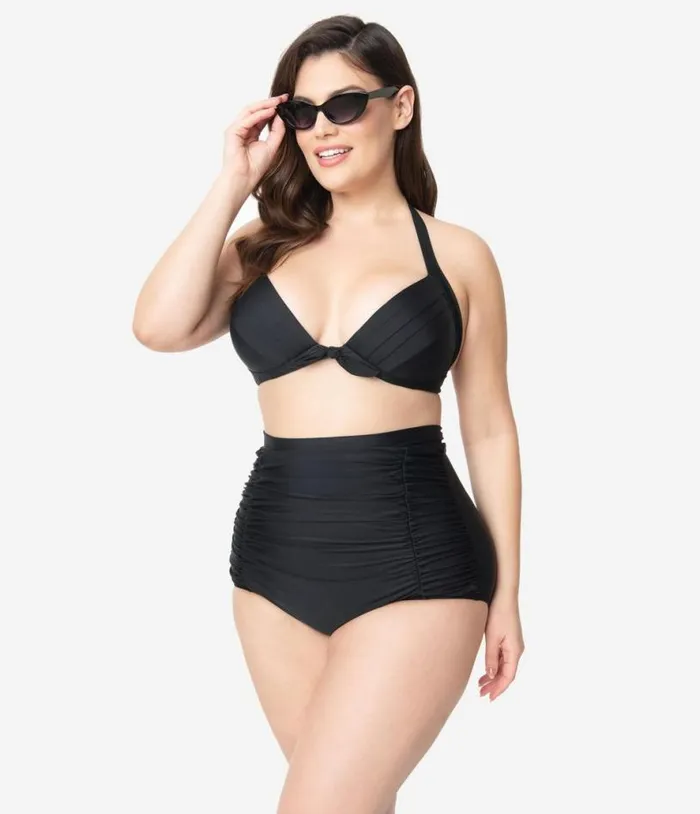 Plus Size All Black Monroe Bikini Top Plus Unique Vintage Two Piece Swim