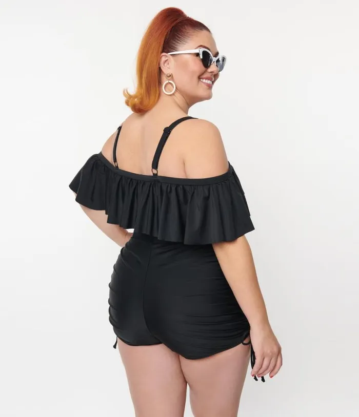 Plus Size Black Ruffled Swim Top Plus Unique Vintage Two Piece Swim