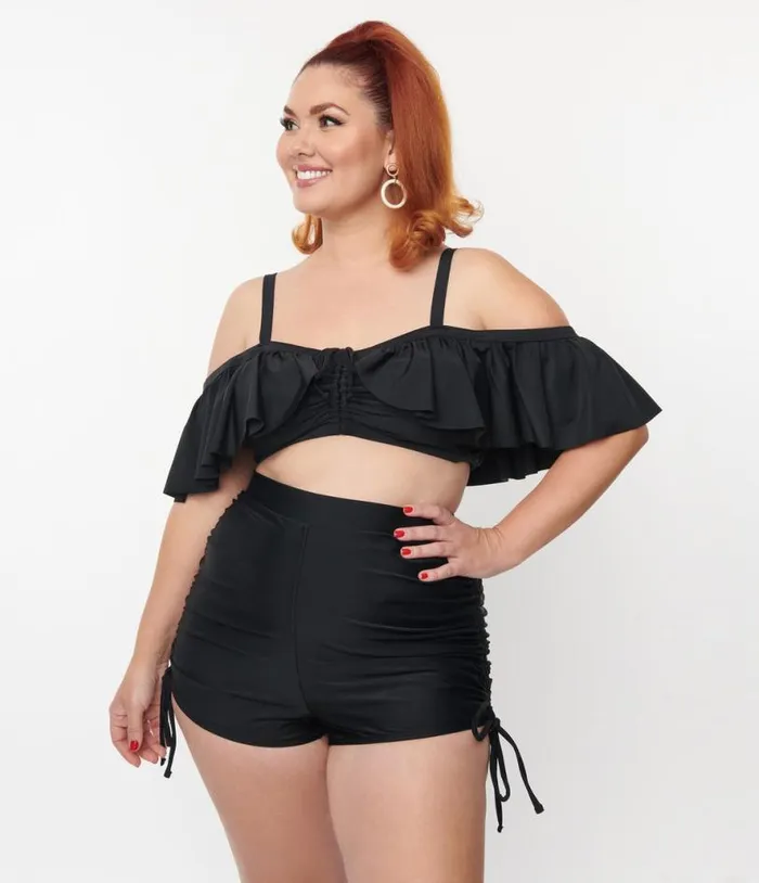 Plus Size Black Ruffled Swim Top Plus Unique Vintage Two Piece Swim