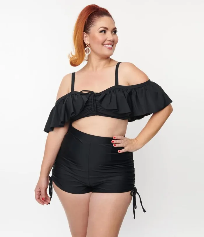 Plus Size Black Ruffled Swim Top Plus Unique Vintage Two Piece Swim