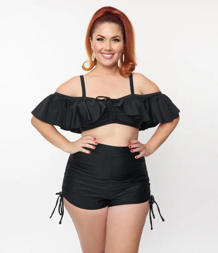 Plus Size Black Ruffled Swim Top Plus Unique Vintage Two Piece Swim