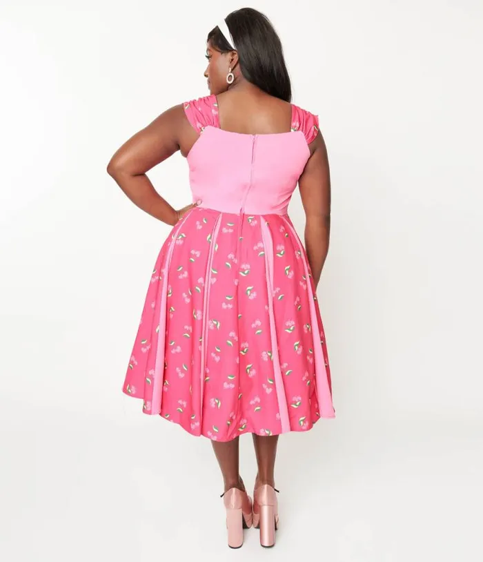 Plus Size Hot Pink and Heart Cherry Stripe Swing Dress DressesPlus Unique Vintage Swing