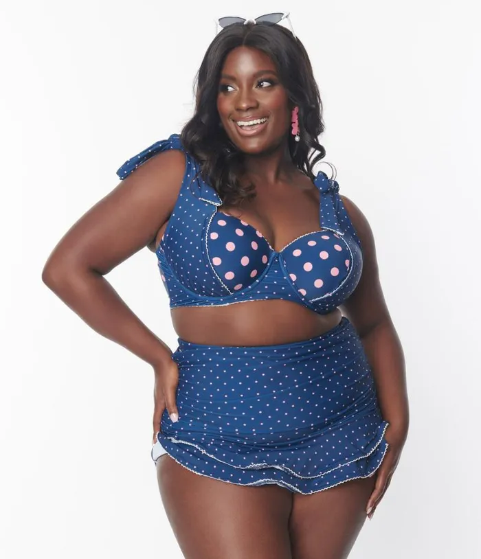 Plus Size Navy and Pink Pin Dot Alice Swim Skirt Plus Unique Vintage Two Piece Swim