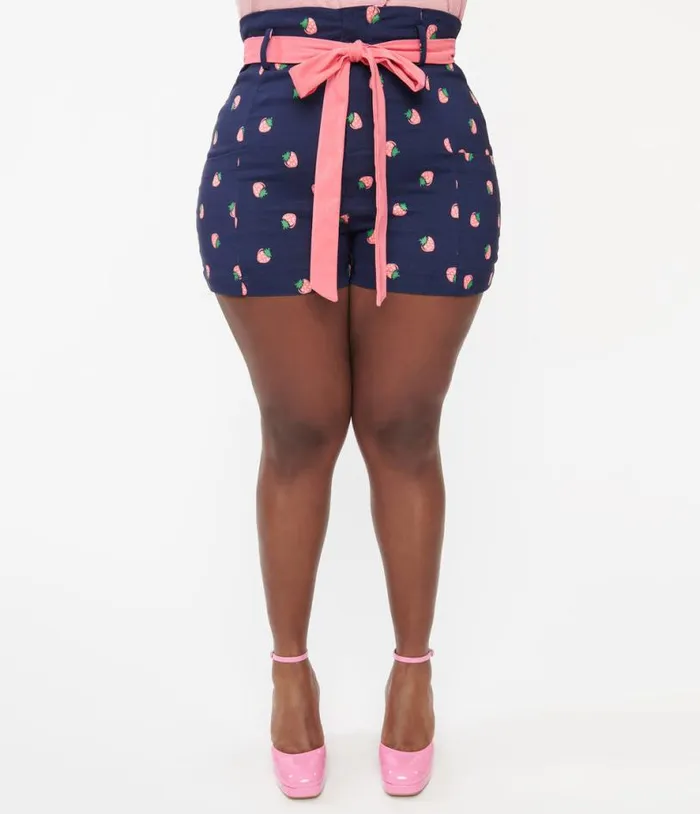 Plus Size Navy and Pink Strawberry Stamp Tied and True Shorts ClothingPlus Unique Vintage Shorts
