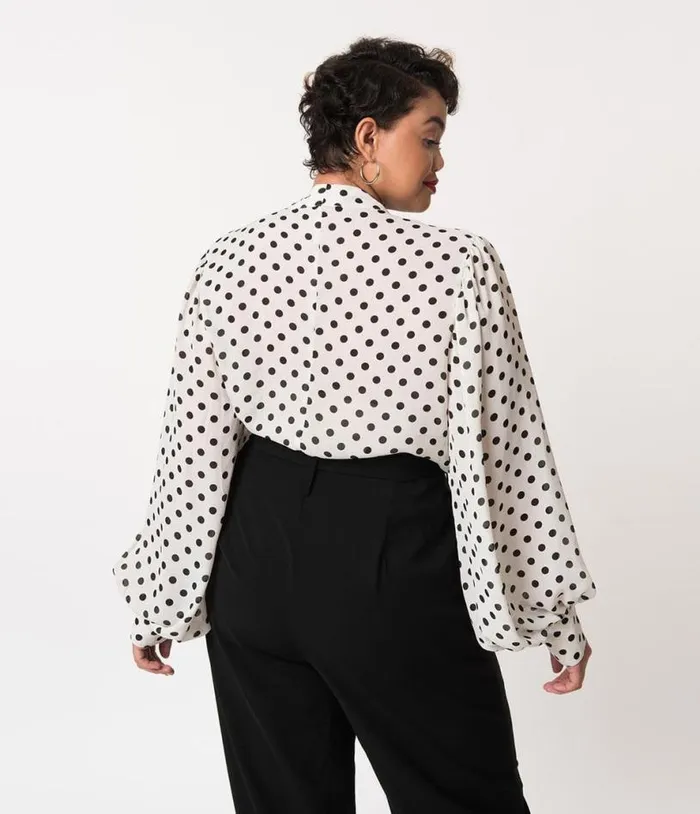Plus Size White and Black Polka Dot Neck Tie Gwen Blouse ClothingPlus Unique Vintage Blouses