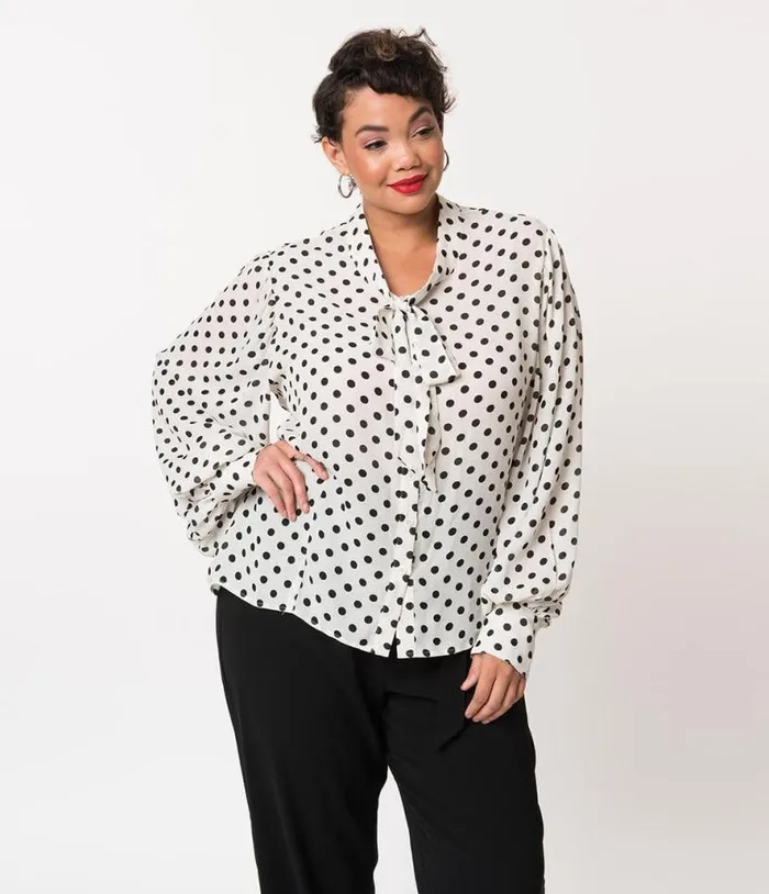 Plus Size White and Black Polka Dot Neck Tie Gwen Blouse ClothingPlus Unique Vintage Blouses
