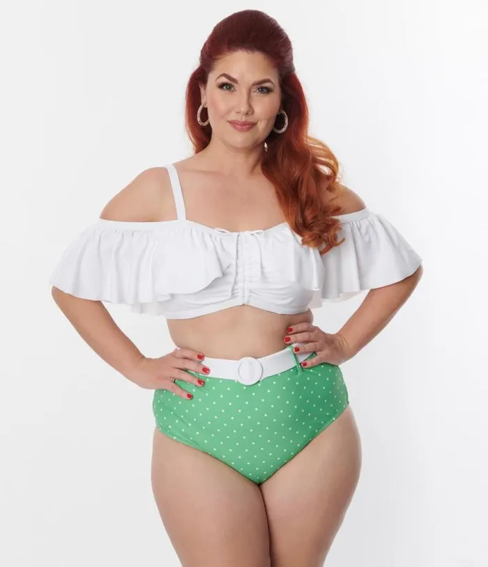 Plus Size White Ruffle Swim Top Plus Unique Vintage Two Piece Swim