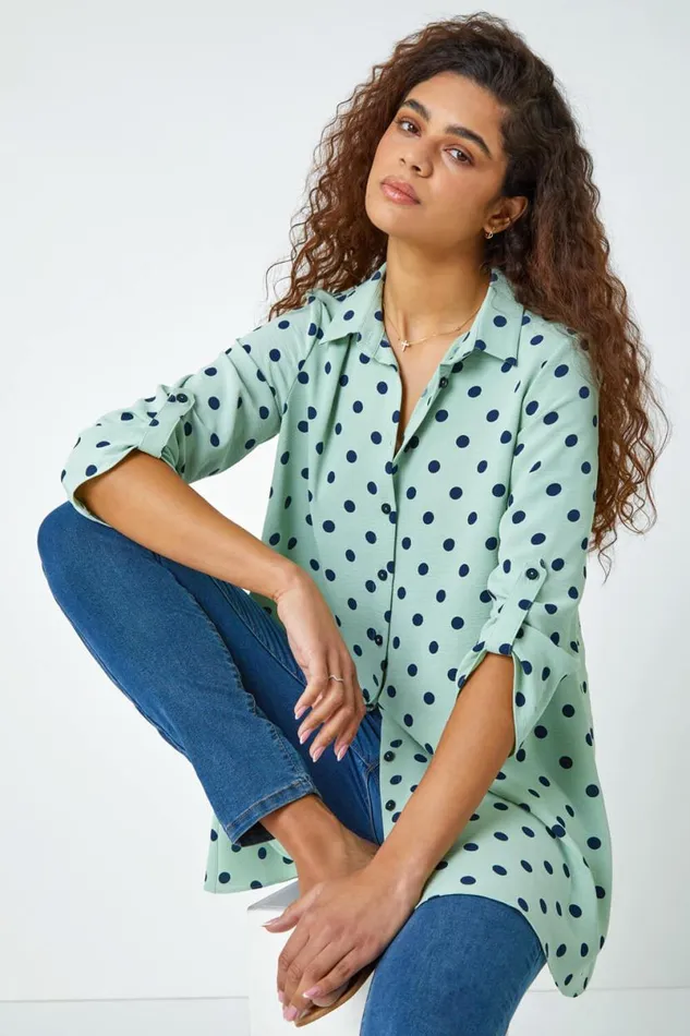 Polka Dot Longline Swing Shirt Women Roman Tops