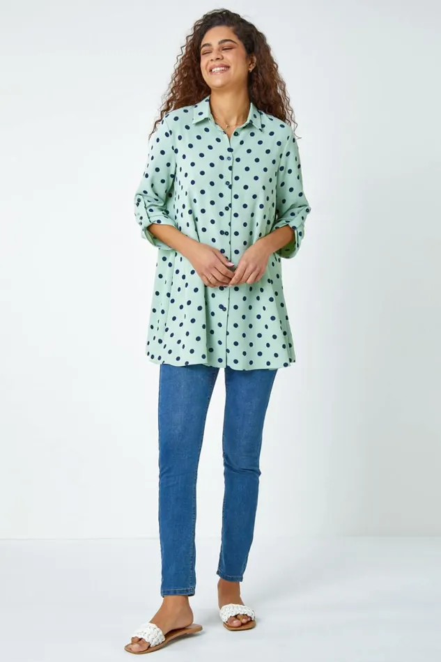 Polka Dot Longline Swing Shirt Women Roman Tops