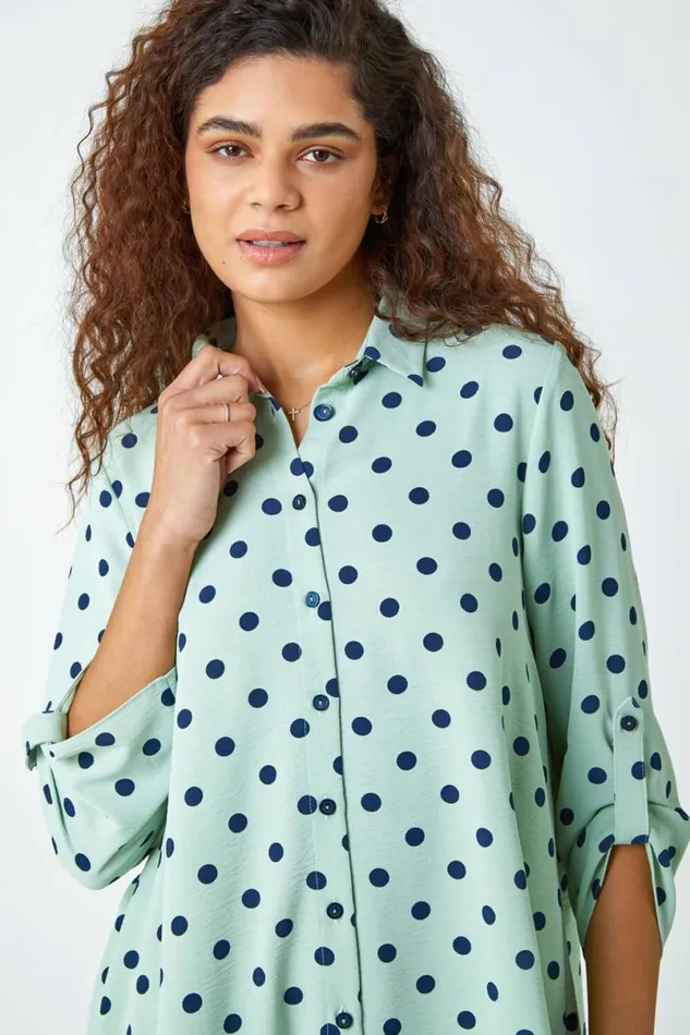 Polka Dot Longline Swing Shirt Women Roman Tops